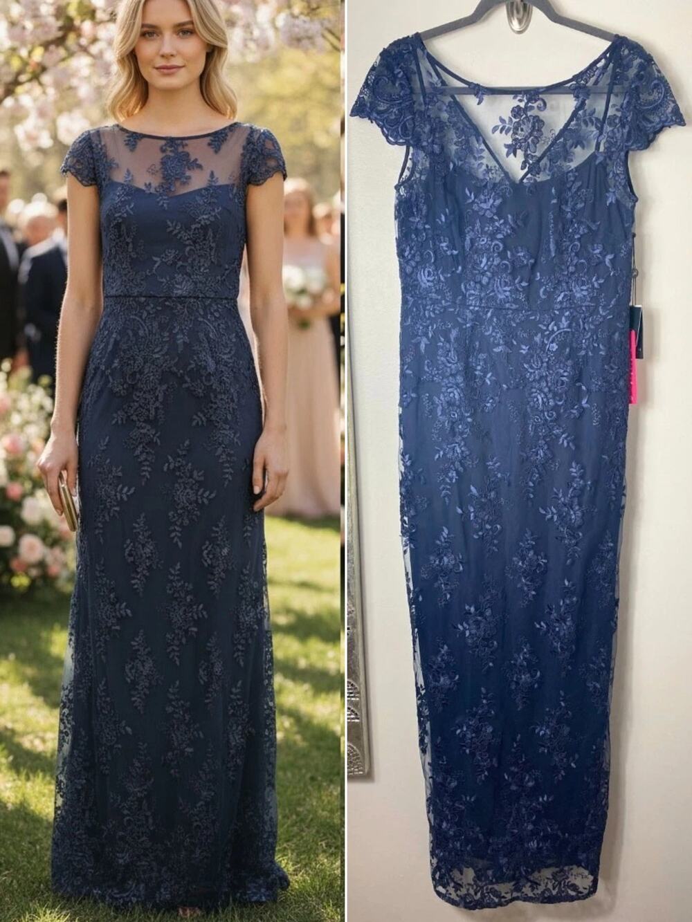 Adrianna Papell Navy Floral Dress Wedding Guest Gown